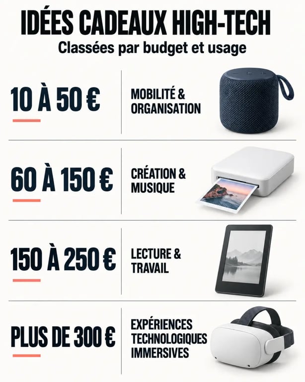 Infographie cadeau high-tech femme par budget et usage
