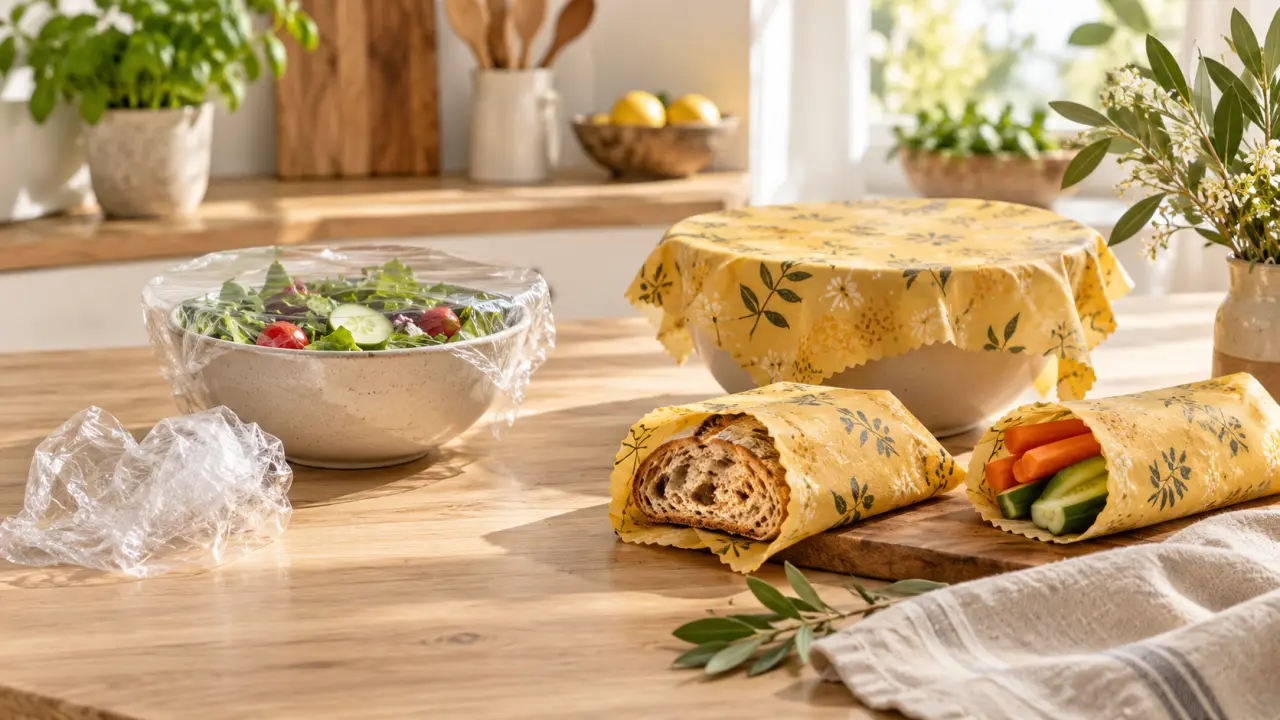 Tissu ciré réutilisable posé dans une cuisine lumineuse avec des fruits et des contenants en verre