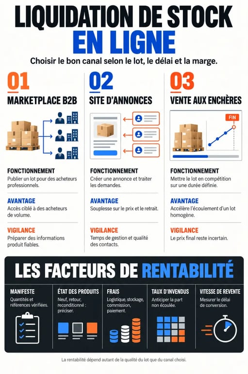 Infographie sur les canaux de liquidation de stock en ligne et les critères de rentabilité