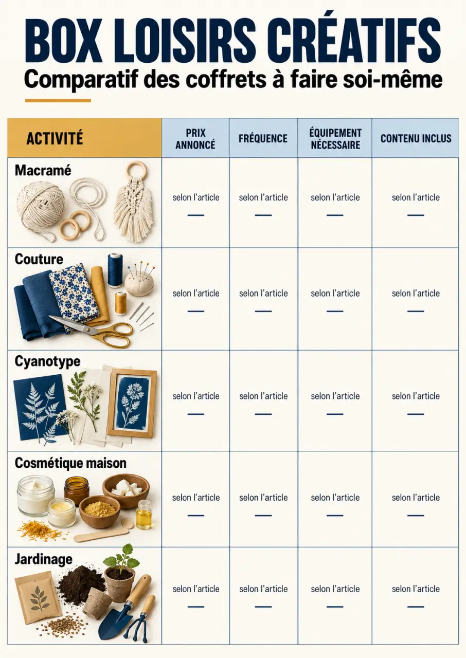 Infographie pour comparer une box loisirs créatifs selon l’activité, le prix et le matériel inclus