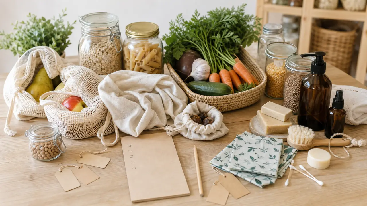 Produits zéro déchet du quotidien posés sur une table en bois brut, dans une lumière douce et chaleureuse