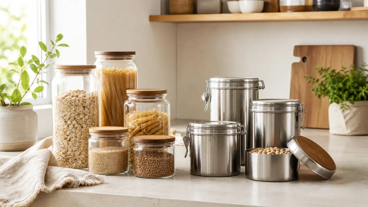 Bocaux en verre et en inox posés dans une cuisine lumineuse et naturelle