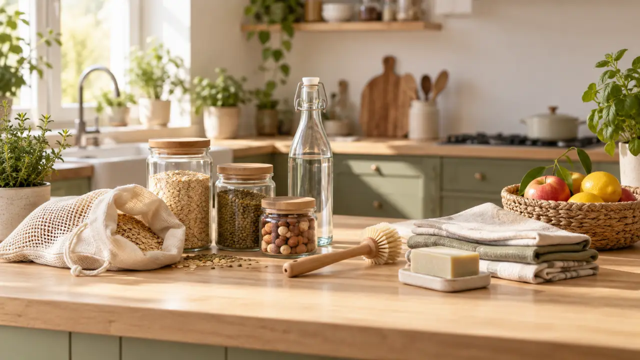 Objets réutilisables et naturels disposés dans une cuisine lumineuse