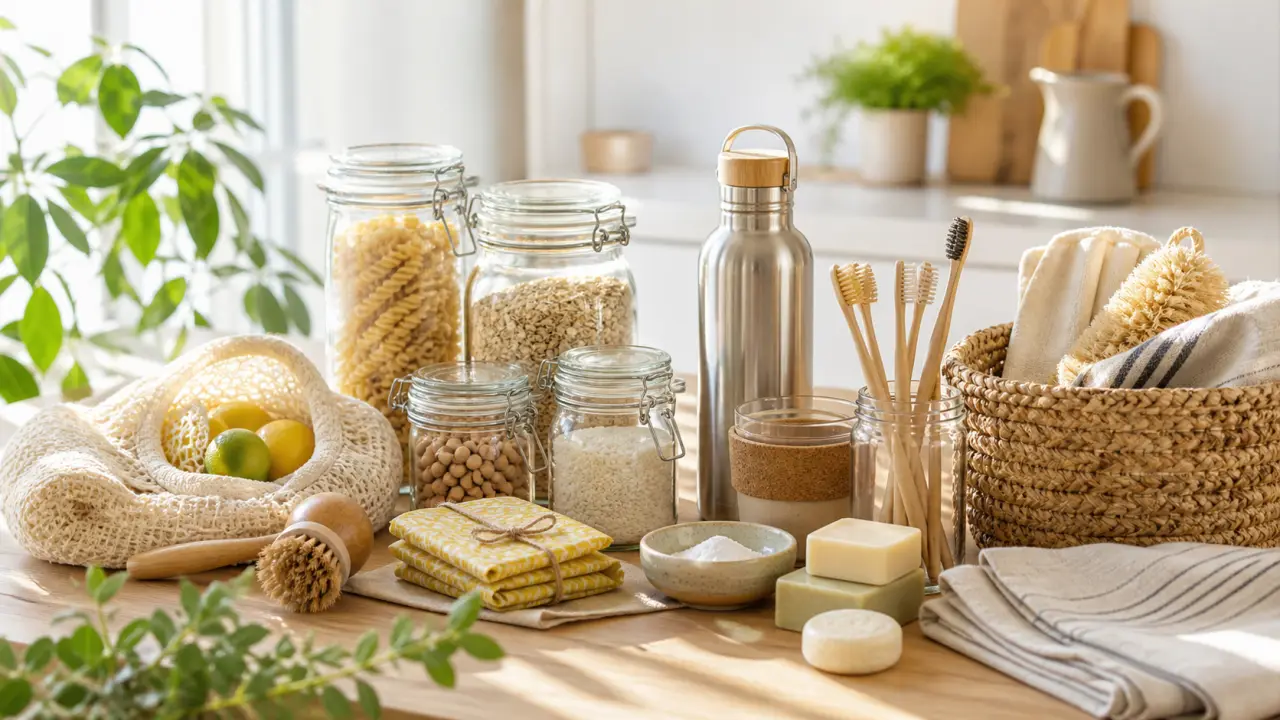 Composition lumineuse de produits zéro déchet du quotidien sur une table en bois brut