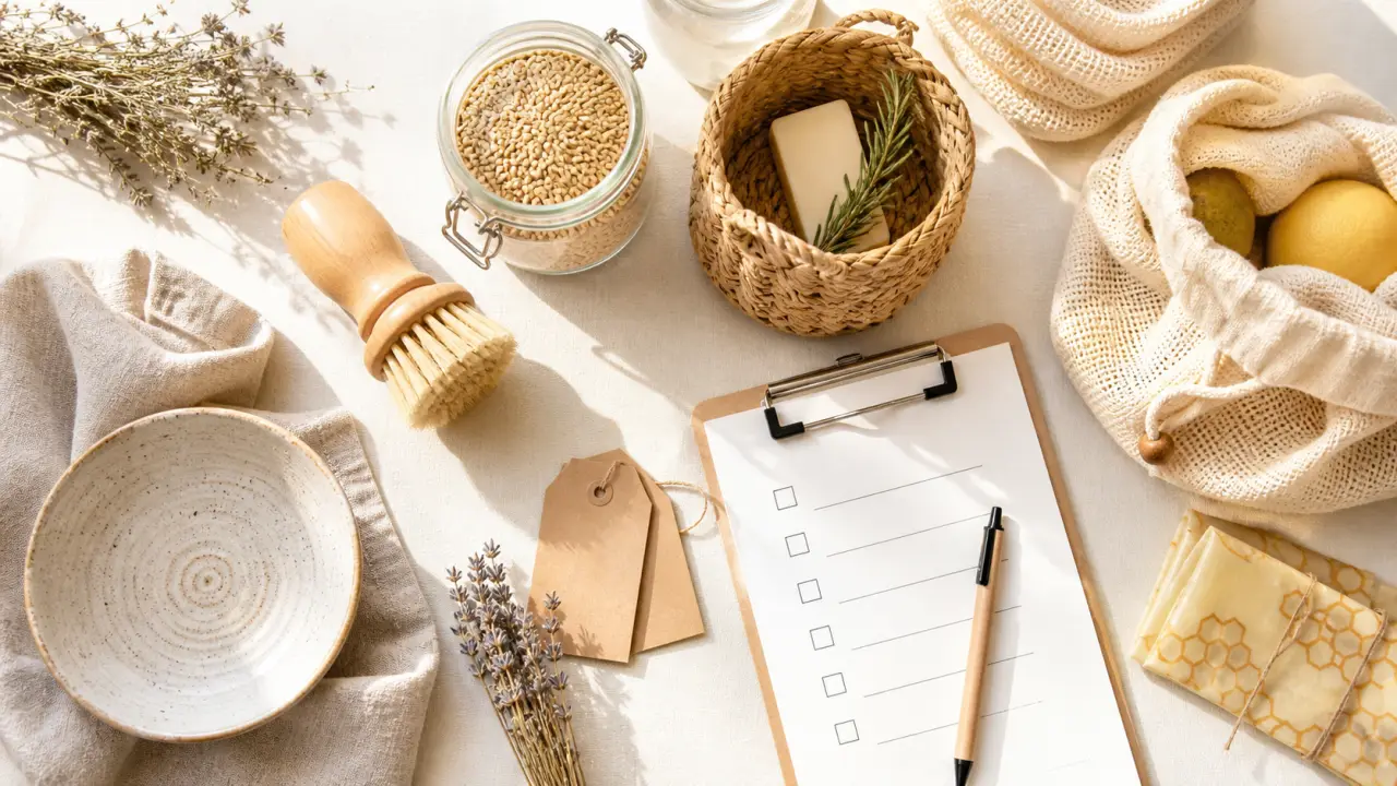 Produits artisanaux et éco-responsables présentés dans une composition lumineuse et naturelle