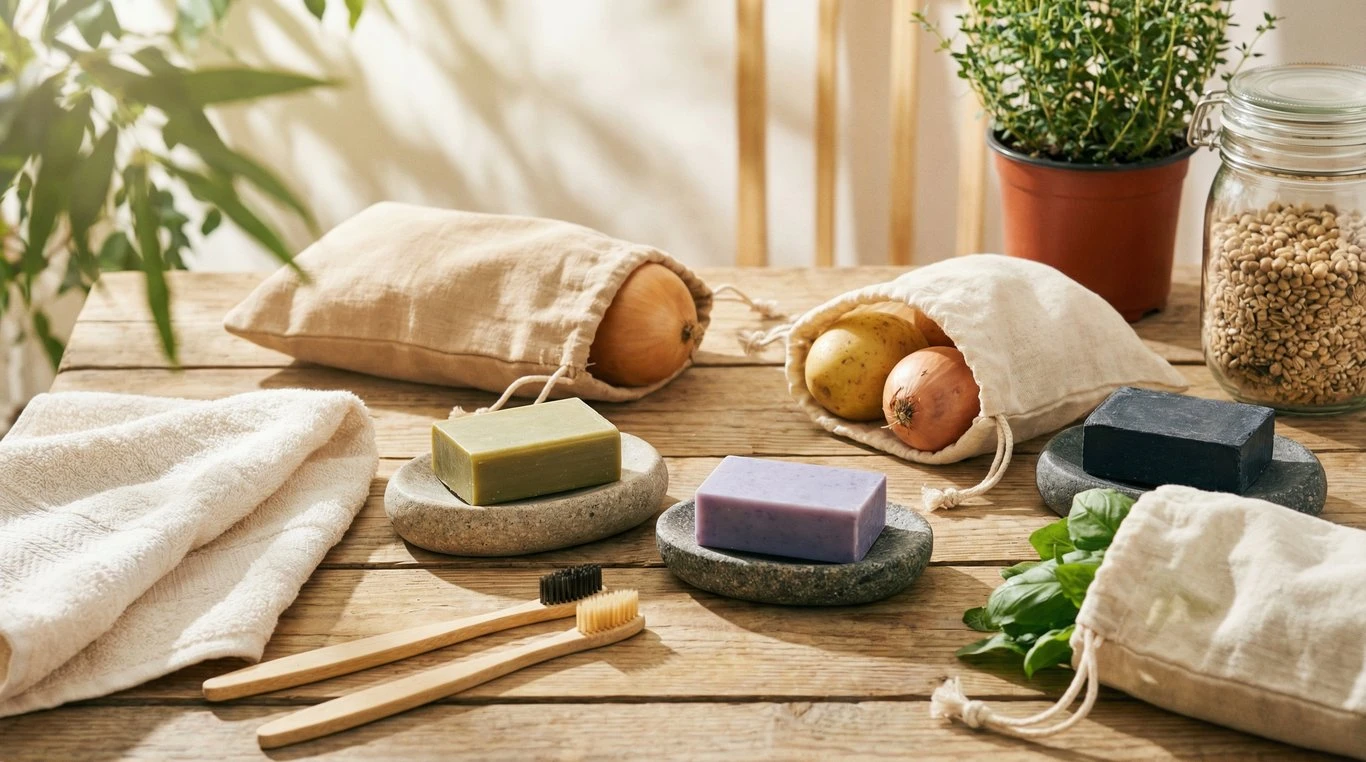 Composition lumineuse de produits éco-responsables sur une table en bois