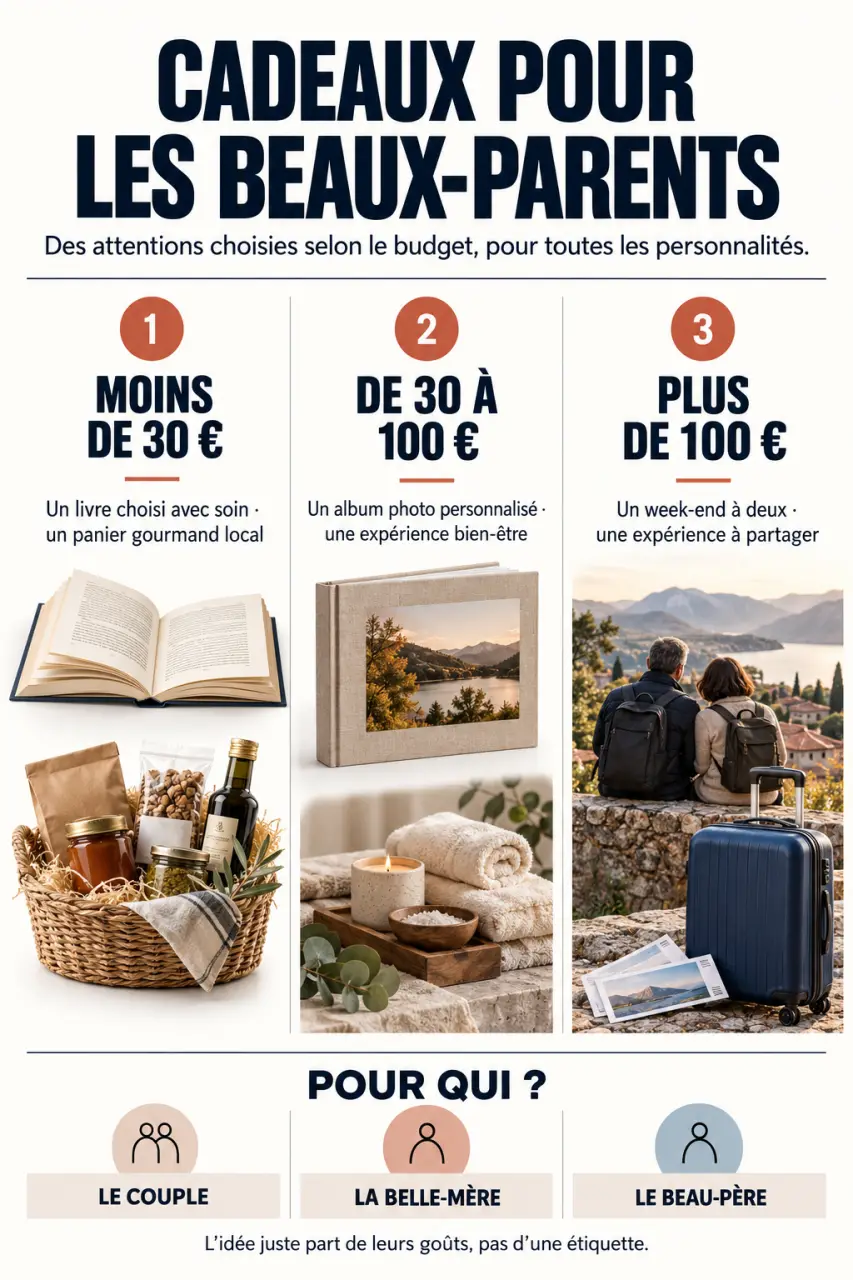 Infographie sur les cadeaux pour les beaux parents selon le budget et le profil