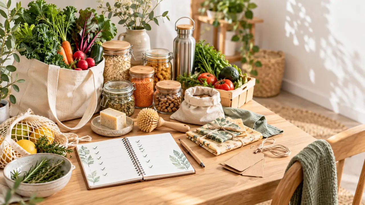 Produits zéro déchet et durables disposés sur une table en bois clair