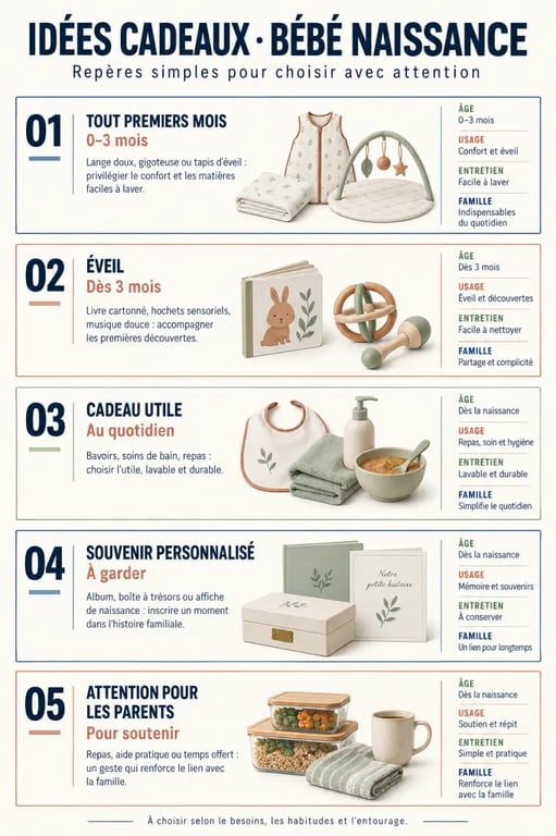 Idées cadeaux bebe naissance classées par usage, âge et destinataire