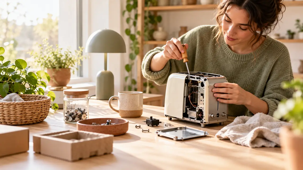 Objets durables et outils de réparation disposés sur une table en bois