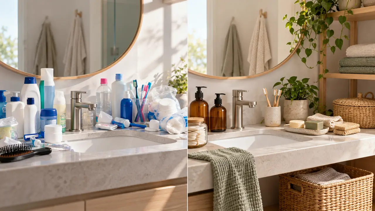 Salle de bain lumineuse avec des accessoires de soin zéro déchet