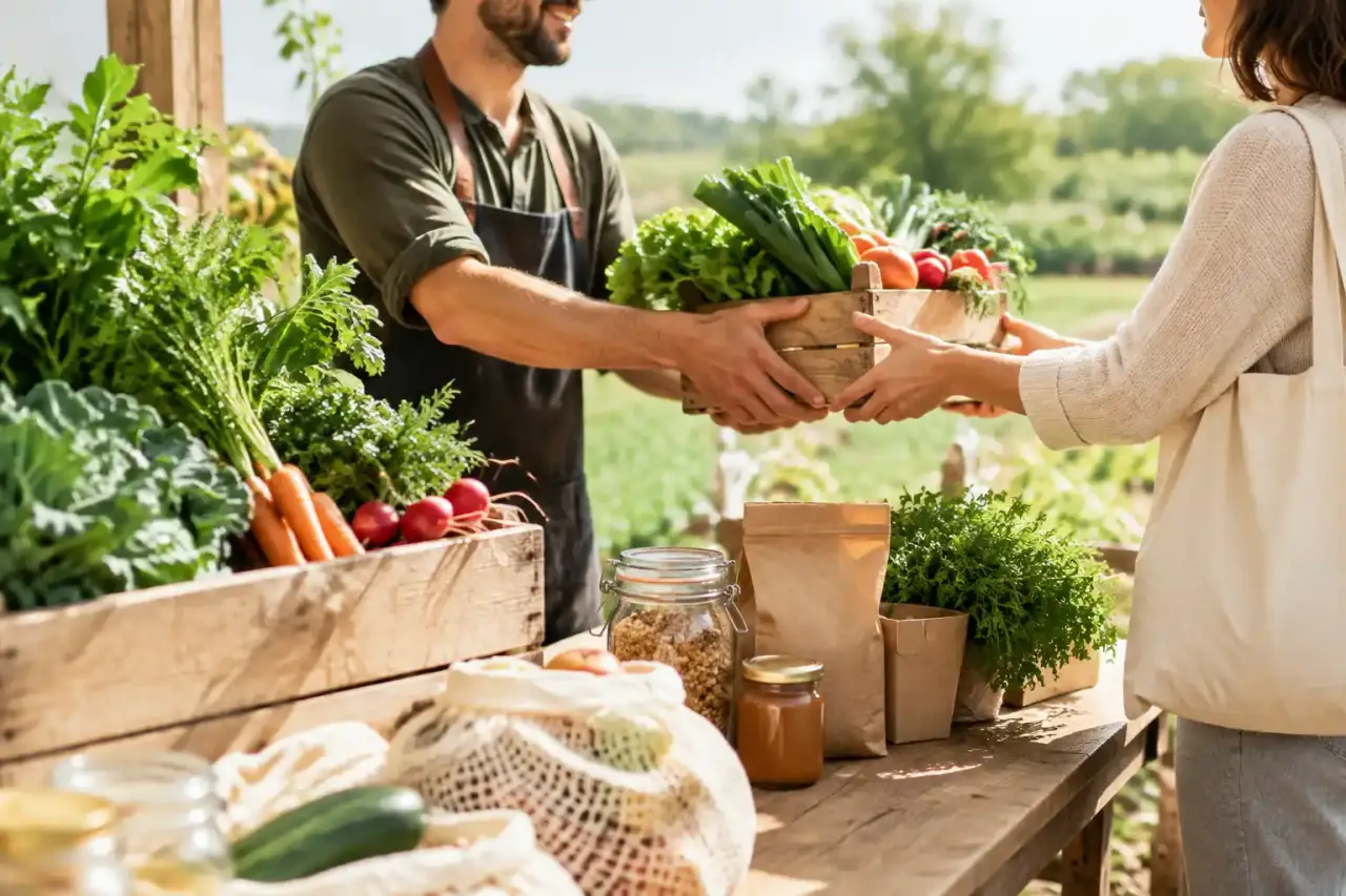 Produits artisanaux et locaux disposés sur une table en bois