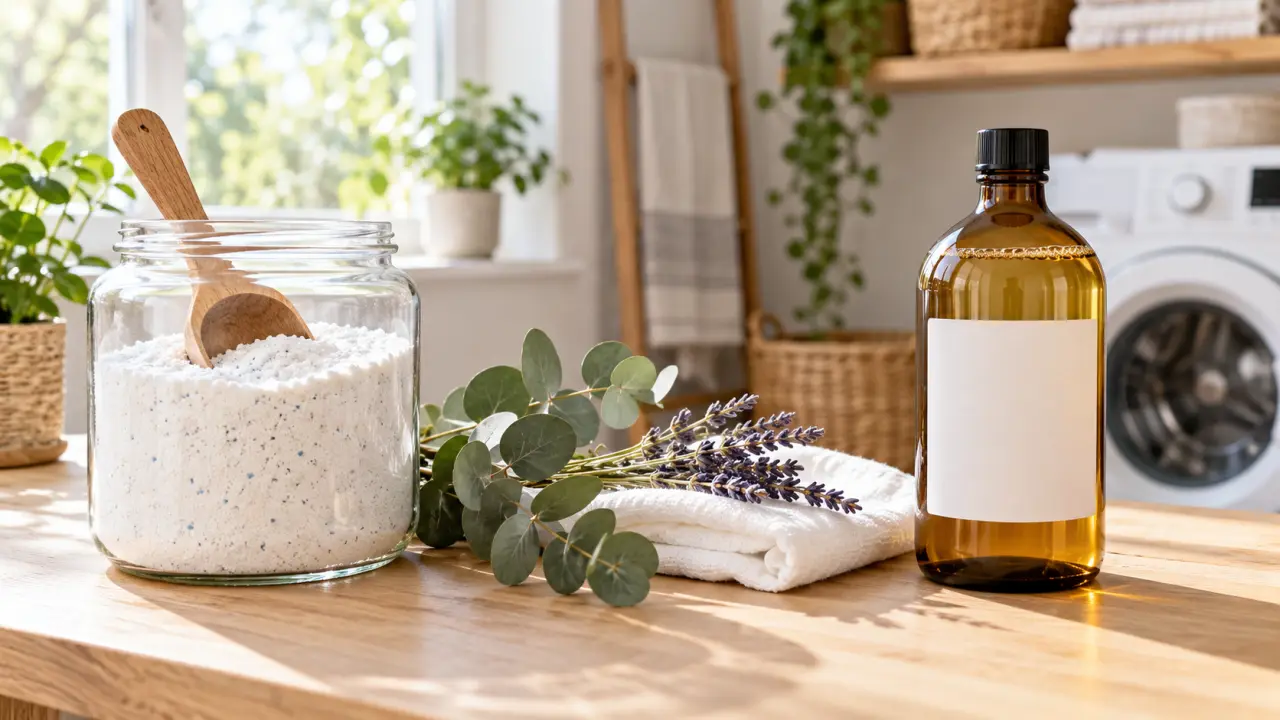 Sachet de lessive en poudre et bouteille de lessive liquide posés dans une buanderie lumineuse