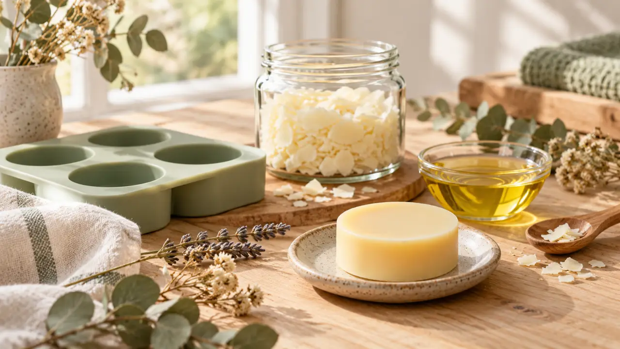 Ingrédients naturels et pot de baume solide fait maison sur une table en bois