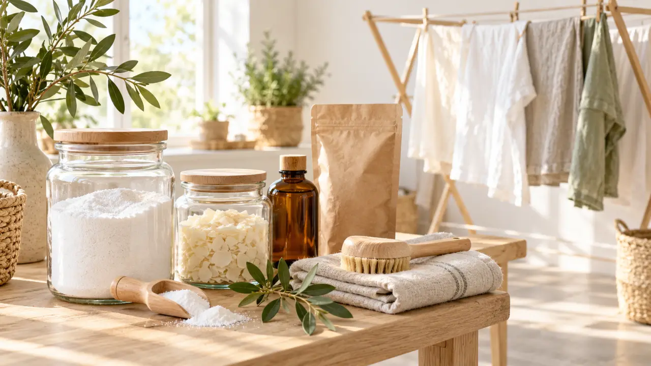 Produits de lessive zéro déchet et accessoires de lavage posés sur une table en bois
