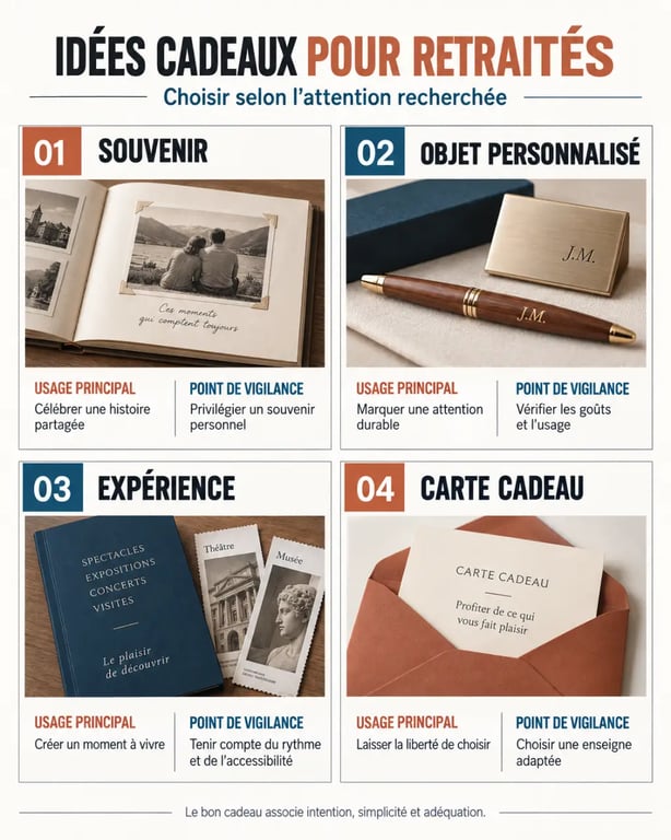Infographie des idées cadeaux retraités selon le type de cadeau, l’usage et le point de vigilance