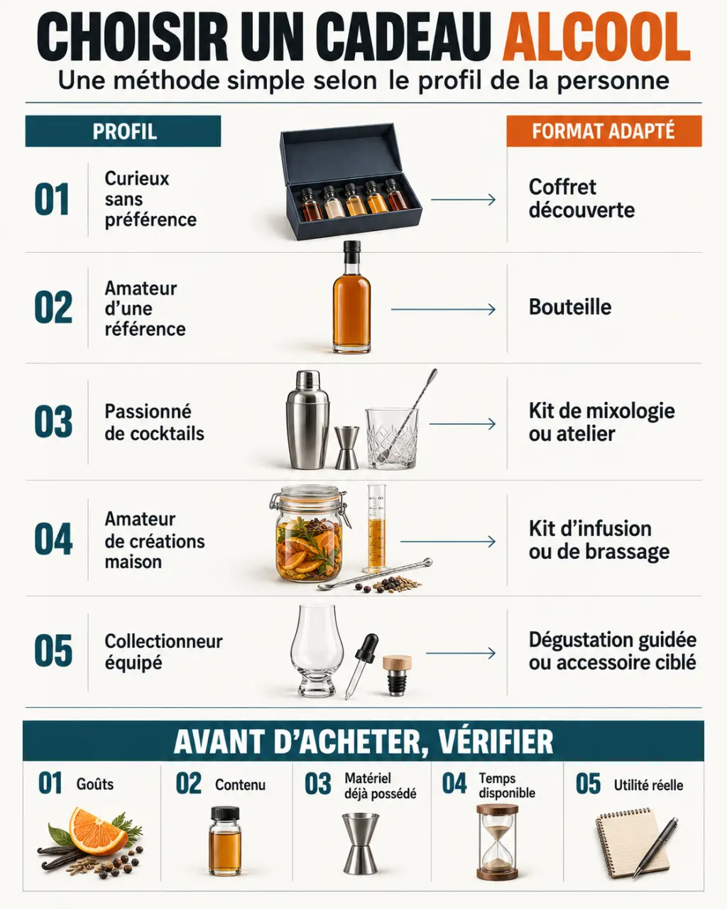 Cadeau alcool : infographie pour choisir entre bouteille, coffret, accessoire, kit créatif ou atelier selon le profil du destinataire