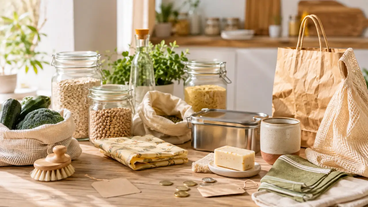 Produits zéro déchet du quotidien posés sur une table en bois brut, dans une ambiance lumineuse et chaleureuse