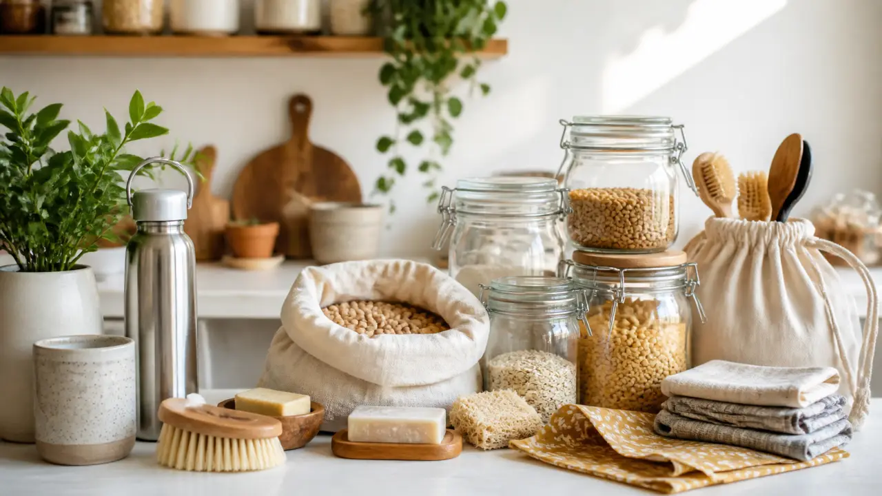 Produits zéro déchet du quotidien posés sur une table en bois brut