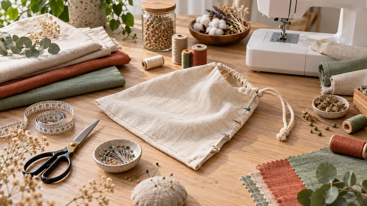 Sac à vrac cousu dans un tissu naturel posé sur une table en bois