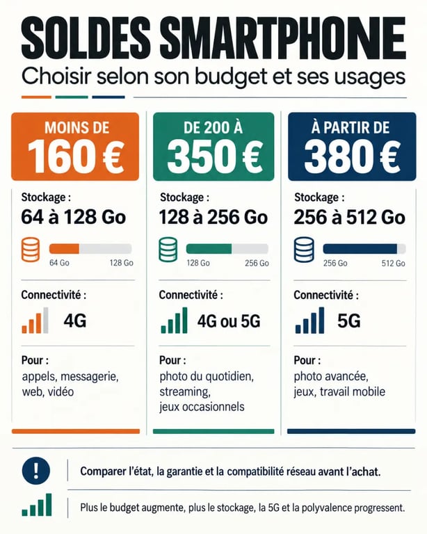 Infographie comparative des soldes smartphone par budget, stockage et usages
