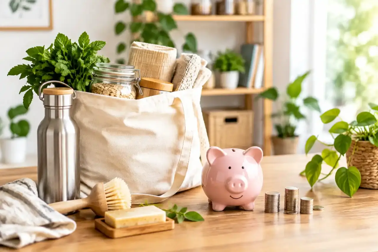 Objets durables et éco-conçus disposés sur une table en bois clair