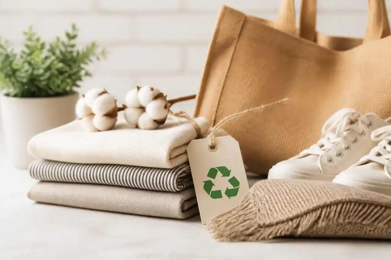 Produits éco-responsables du quotidien en matières naturelles sur une table en bois