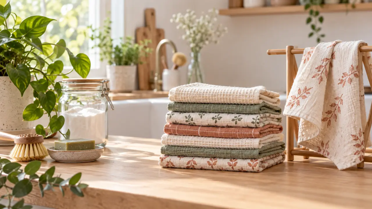 Essuie-tout lavables en tissu pliés sur une table en bois