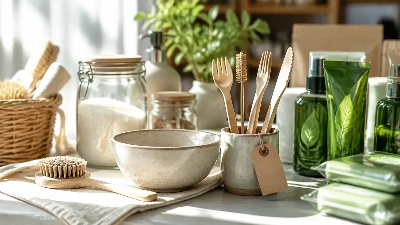 Produits éco-responsables du quotidien sur une table en bois brut, dans une lumière douce et naturelle