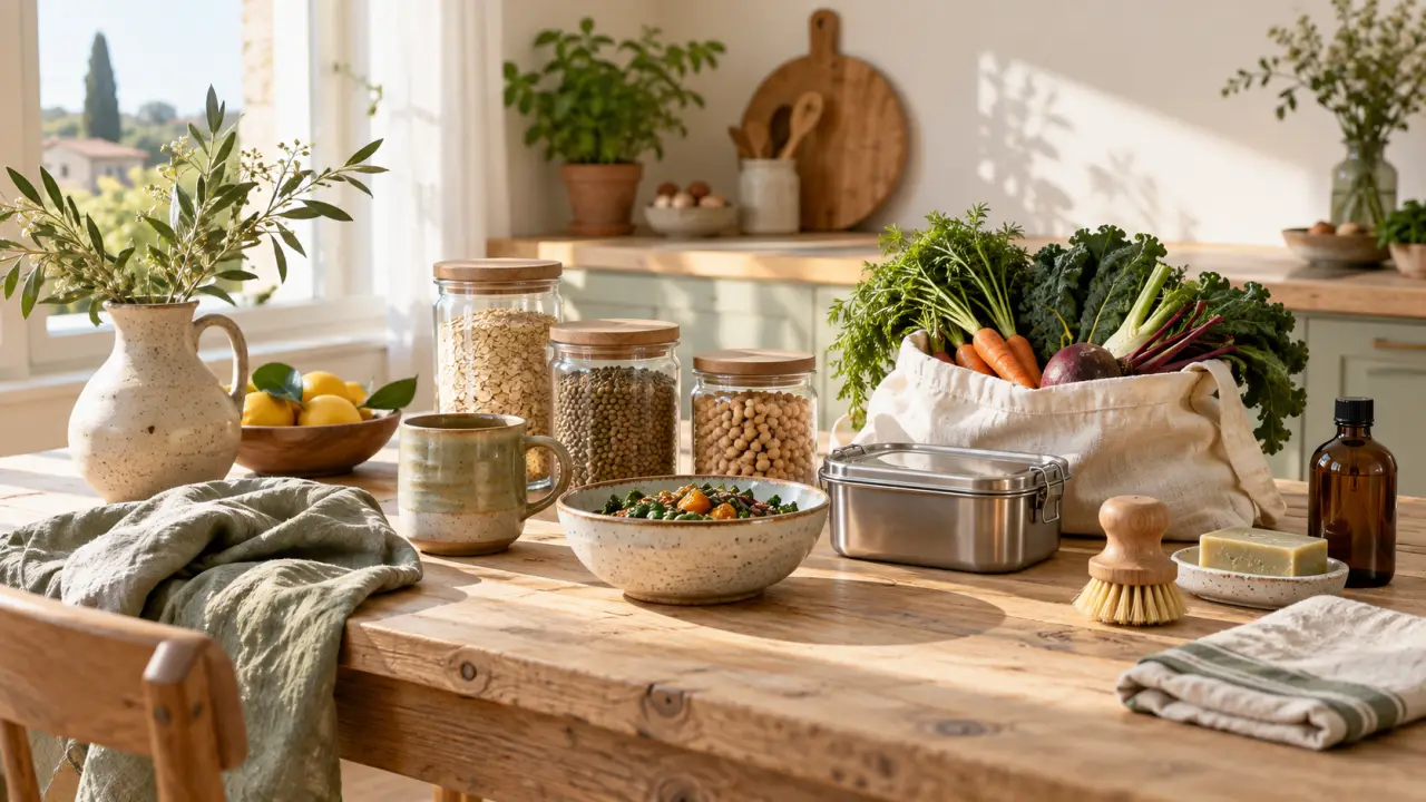 Produits durables et zéro déchet disposés sur une table en bois clair