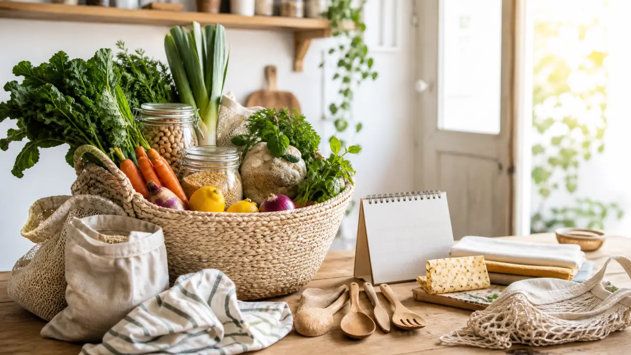 Produits éco-responsables du quotidien posés sur une table en bois brut