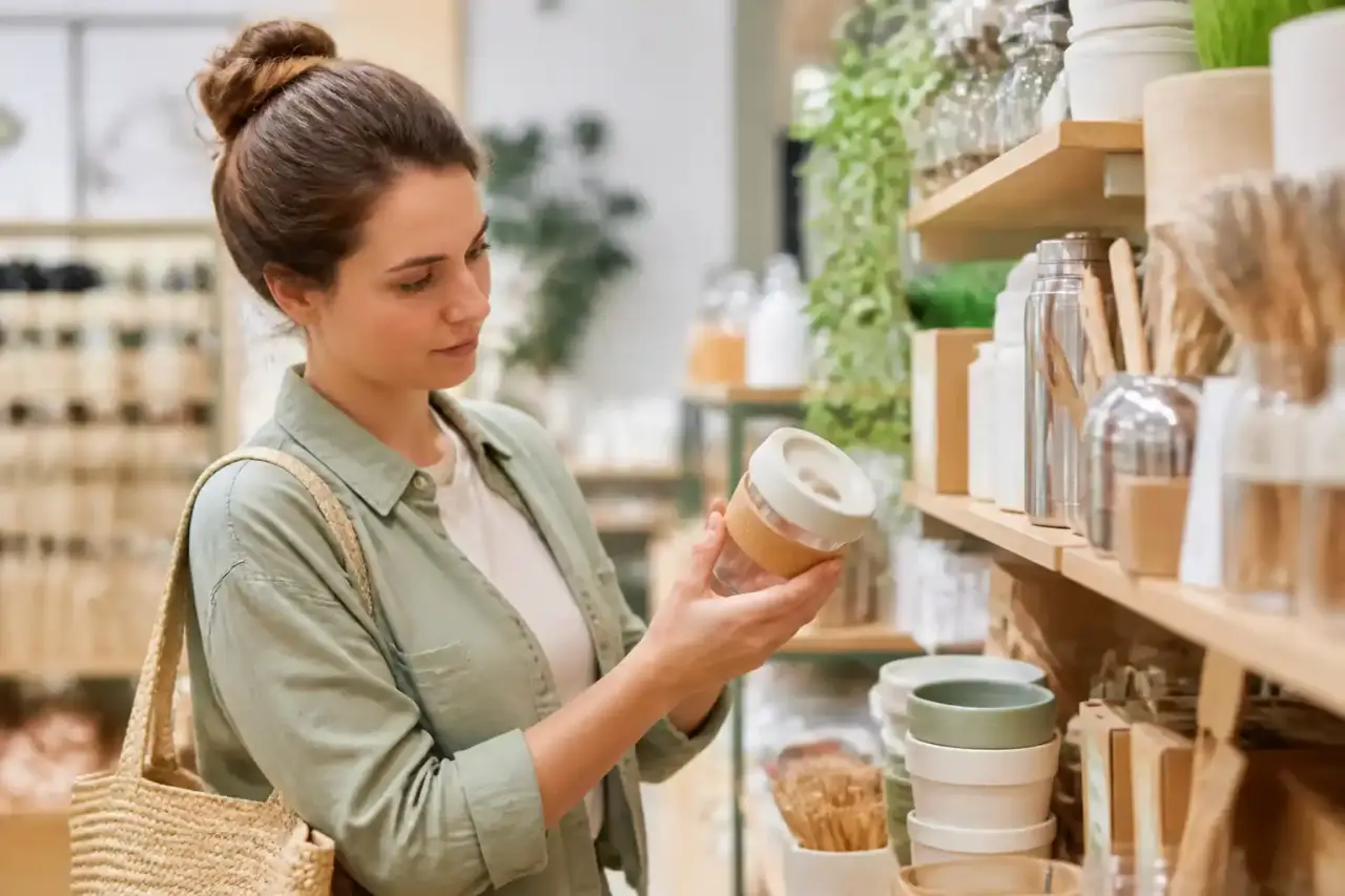 Objets éco-responsables du quotidien en matériaux naturels posés sur une table en bois