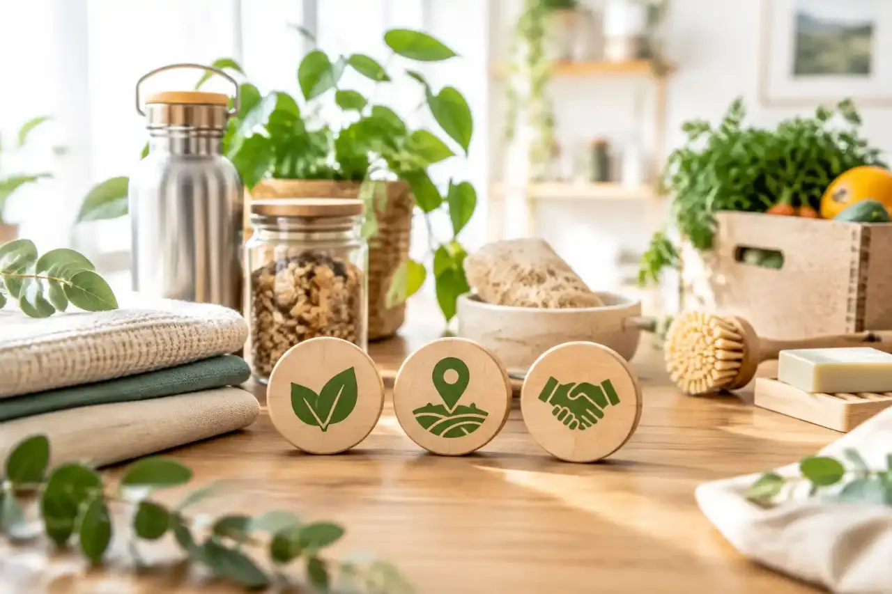 Objets durables du quotidien en matériaux naturels sur une table en bois