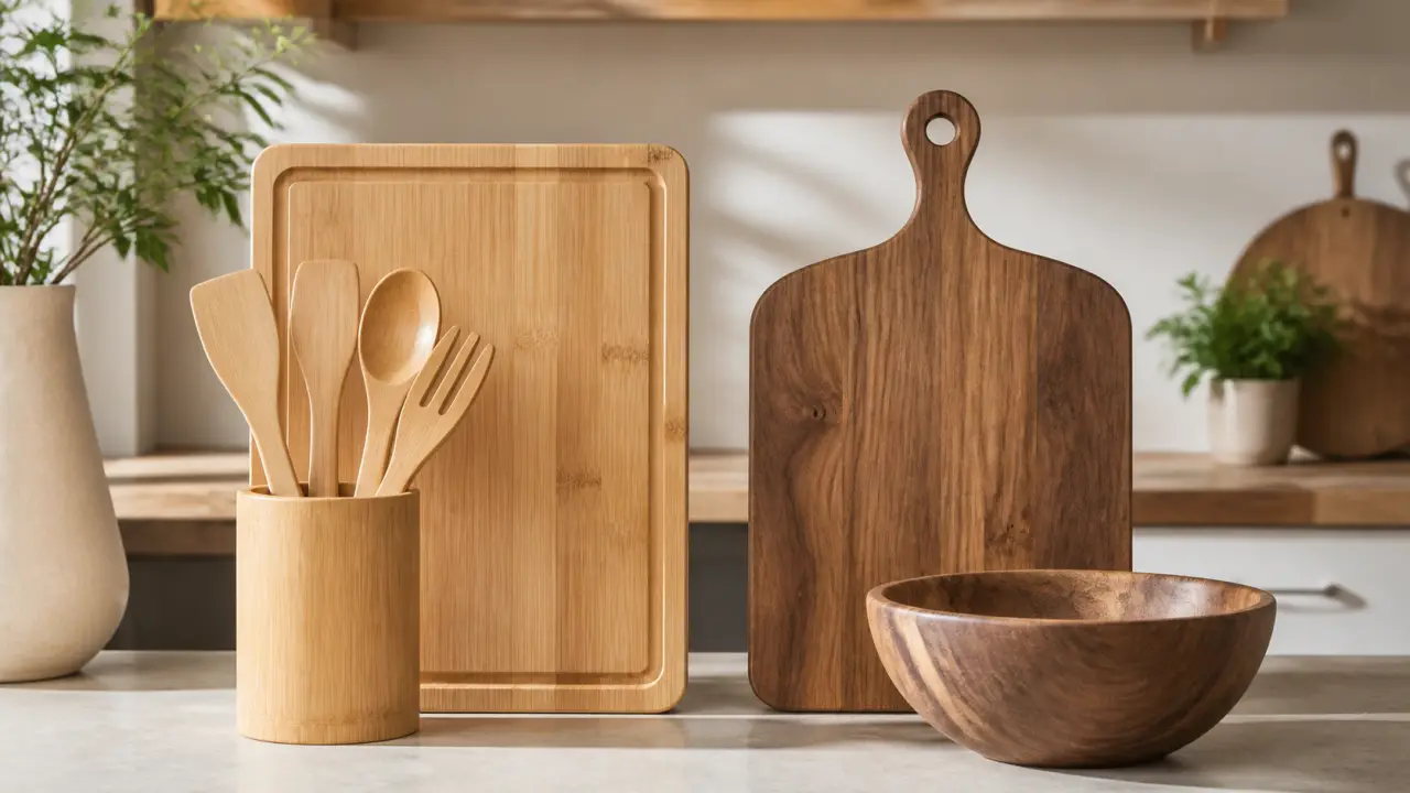 Objets du quotidien en bambou et en bois massif dans une ambiance lumineuse et naturelle