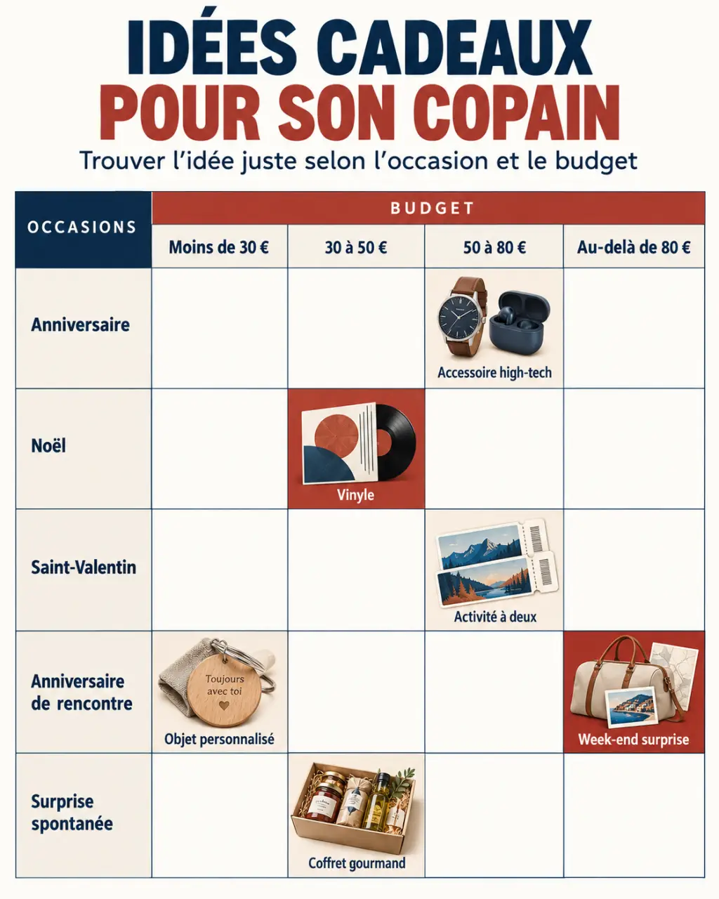 Infographie d'idées cadeaux copain selon l'occasion et le budget