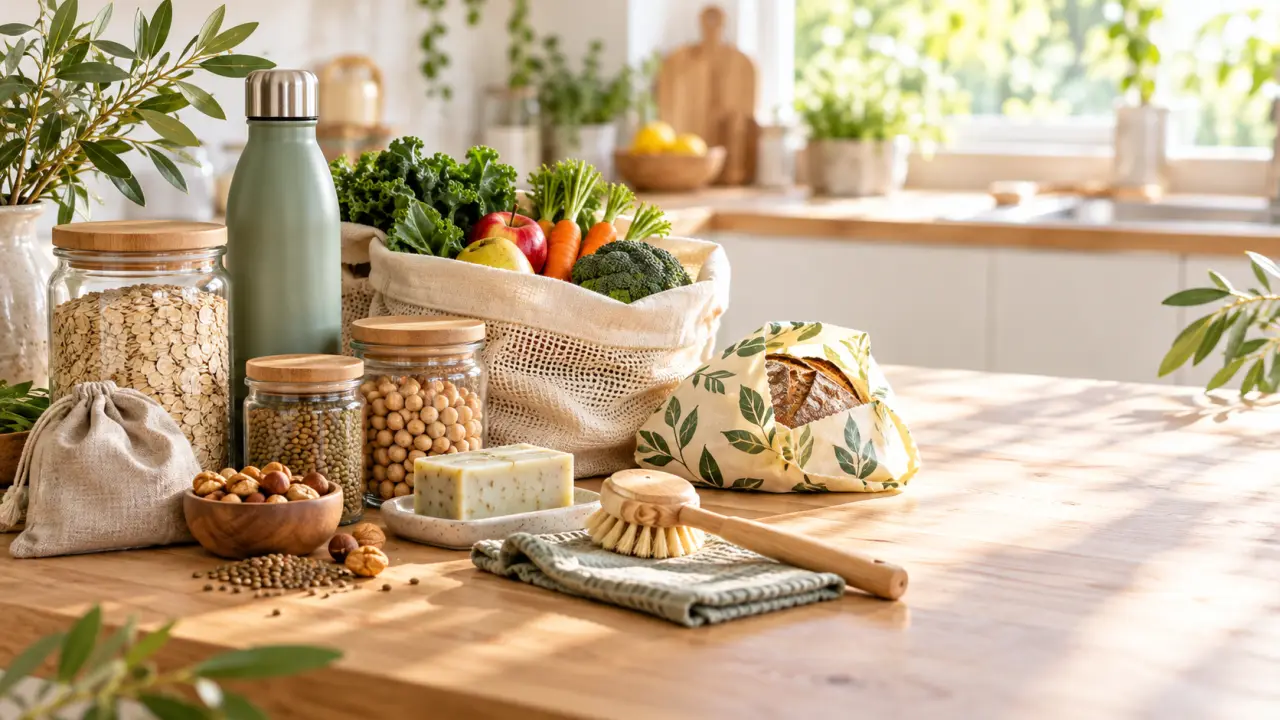 Produits durables du quotidien disposés sur une table en bois clair