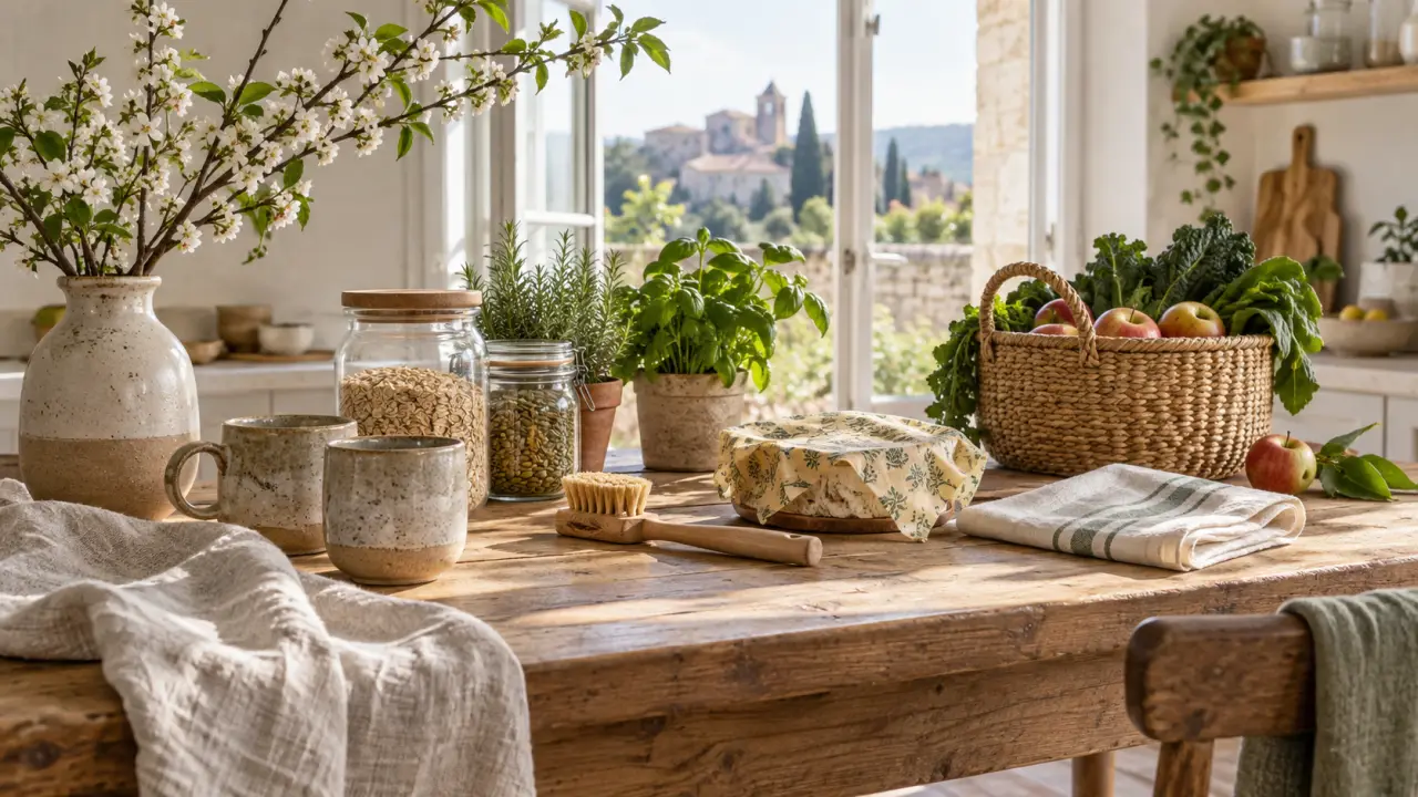Objets durables et naturels disposés sur une table en bois lumineuse