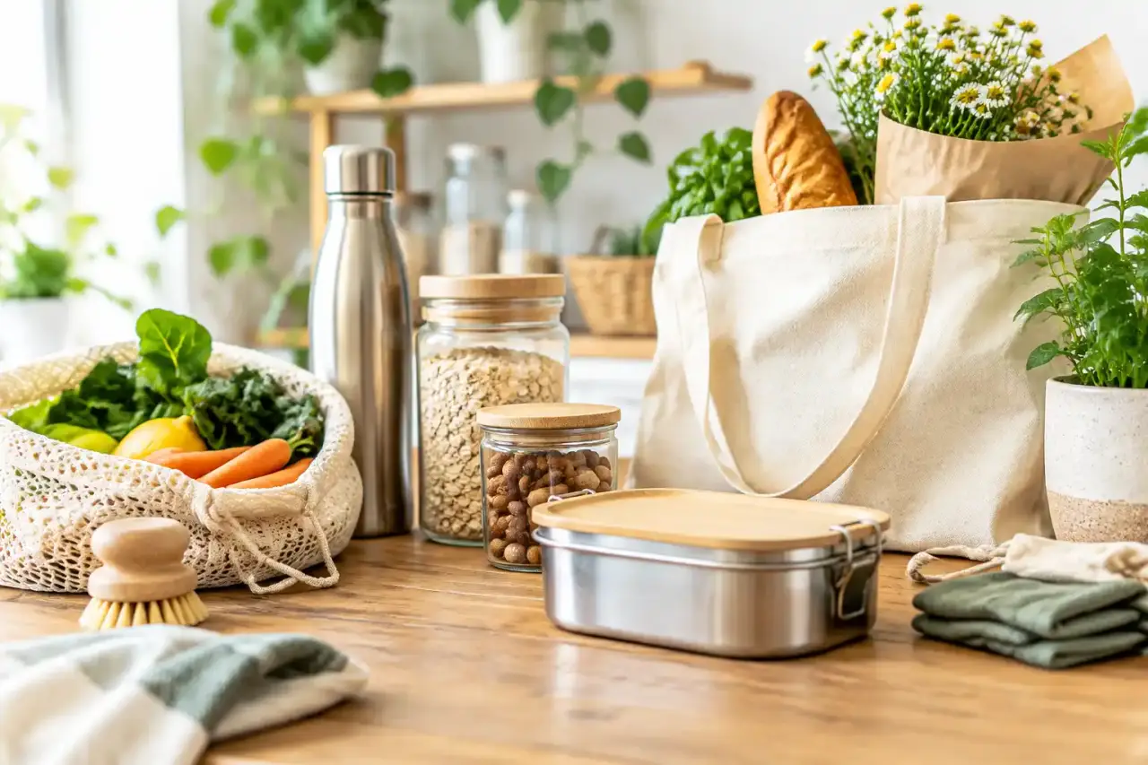 Sélection de bocaux en verre et d'alternatives zéro déchet sur une table en bois clair