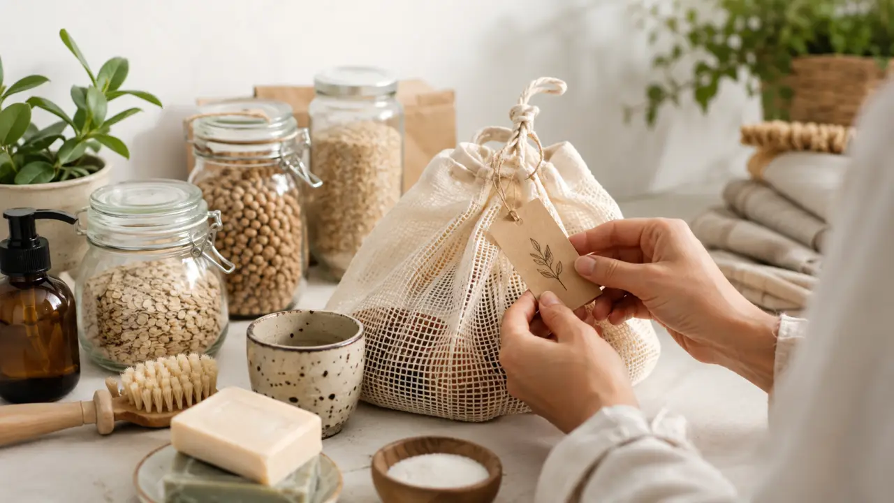 Produits éco-responsables du quotidien posés sur une table en bois brut, dans une lumière naturelle douce