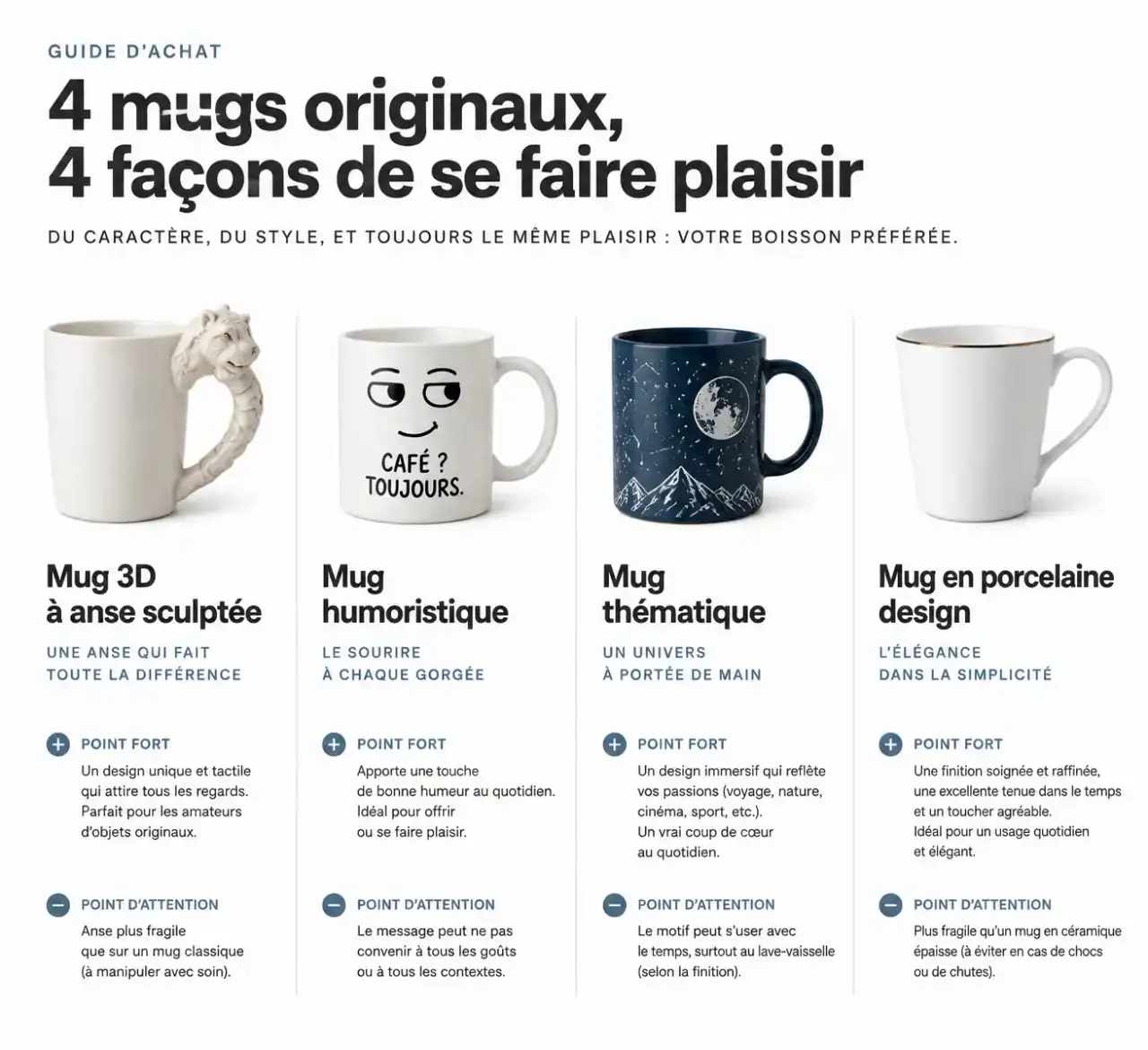 Comparatif visuel de mugs originaux : mug 3D à anse sculptée, mug humoristique, mug thématique et mug design en porcelaine