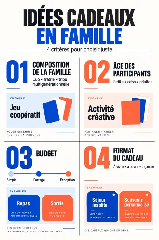 Infographie pour choisir des idées cadeaux pour la famille selon les âges, le budget et le nombre de participants